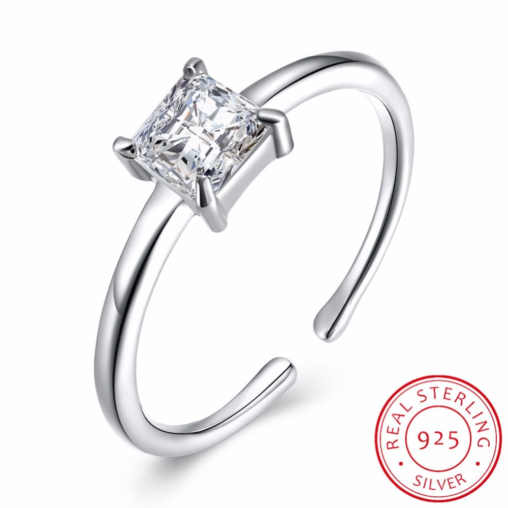 Sterling Silver Elegant Lady Fine Jewelery Clear Square Zirconia 925 Sterling Silver Adjustable Rings for Women