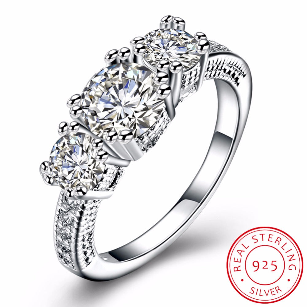 Three Stone CZ 925 Sterling Silver Engagement Rings Fashion Style 3 Carat Cubic Zirconia Rings Fine Jewelry