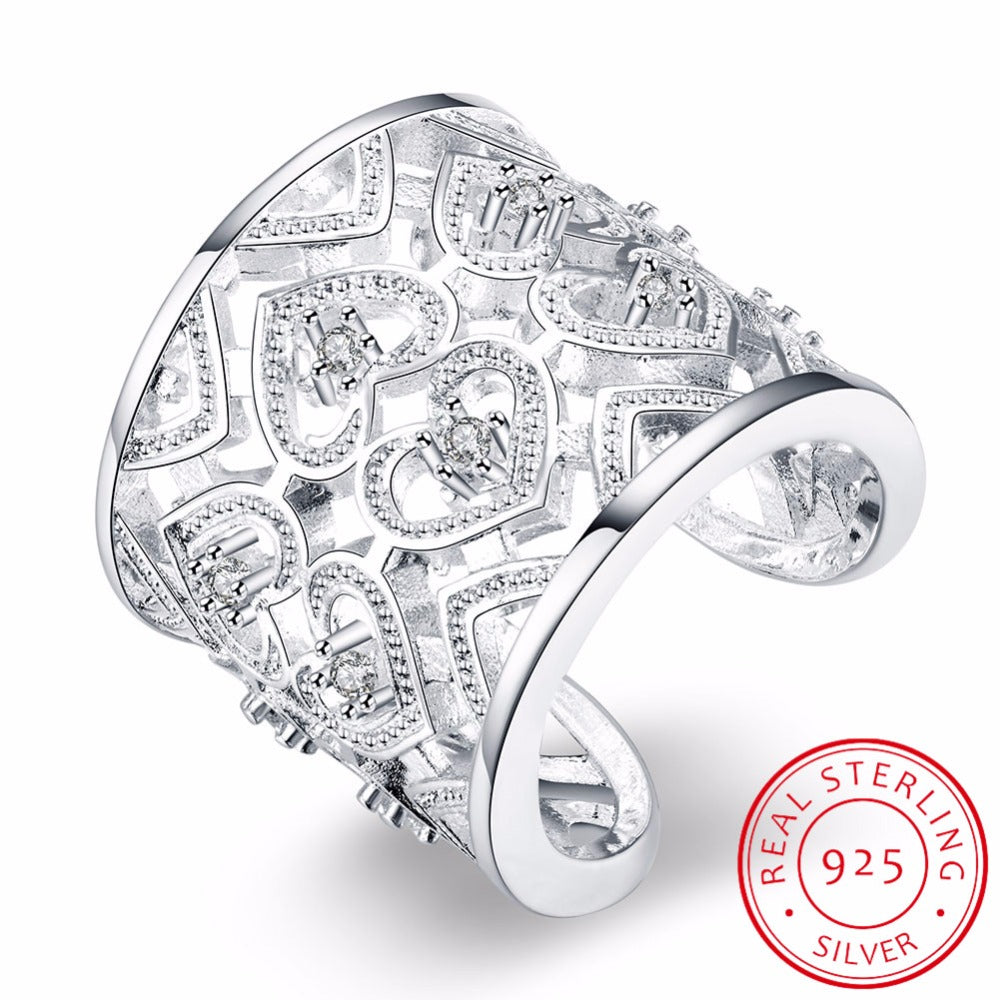 Women Fashion Gift Love Heart Adjustable Fine Jewelry Hollow 925 Sterling Silver Open Ring High-quality