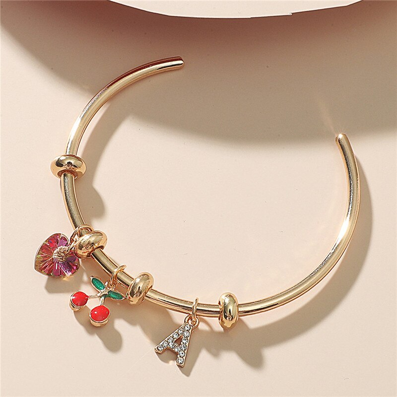 LETAPI 2021   Gold Color Opening Bracelets Bangles Crystal Butterfly Heart Cherry Letter Wedding Bangle for Women