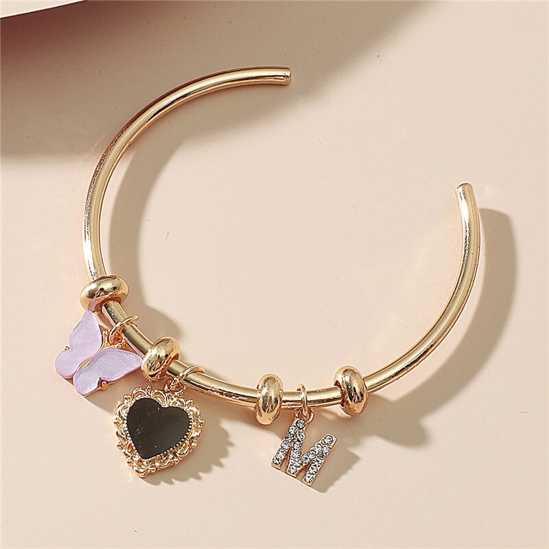 LETAPI 2021   Gold Color Opening Bracelets Bangles Crystal Butterfly Heart Cherry Letter Wedding Bangle for Women