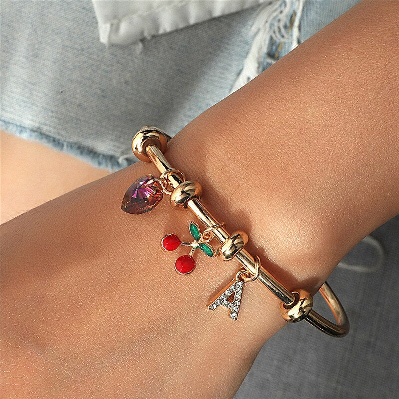 LETAPI 2021   Gold Color Opening Bracelets Bangles Crystal Butterfly Heart Cherry Letter Wedding Bangle for Women