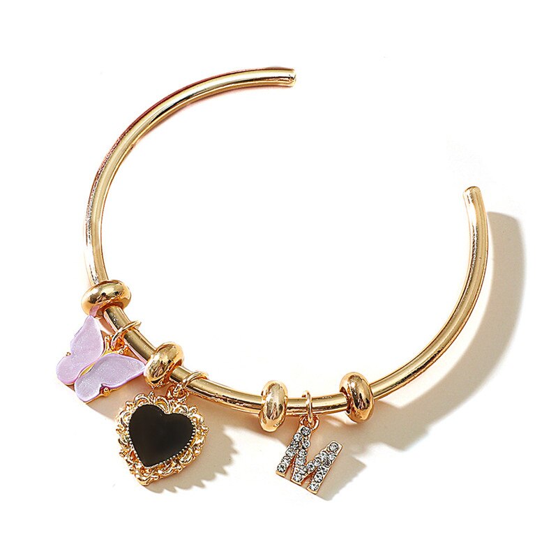 LETAPI 2021   Gold Color Opening Bracelets Bangles Crystal Butterfly Heart Cherry Letter Wedding Bangle for Women