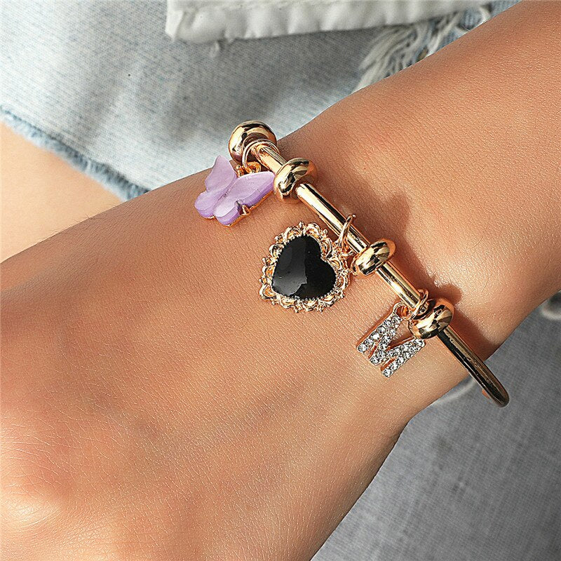 LETAPI 2021   Gold Color Opening Bracelets Bangles Crystal Butterfly Heart Cherry Letter Wedding Bangle for Women