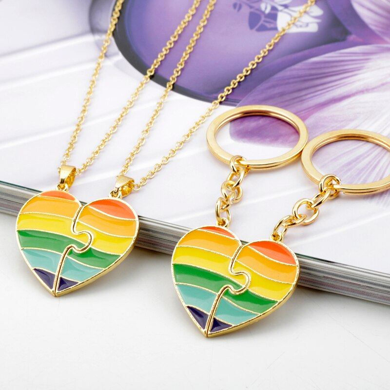 LGBT Gay Lesbian Creative Heart Rainbow Couple Metal Enamel Pendant Necklaces keychains Jewelry Gift