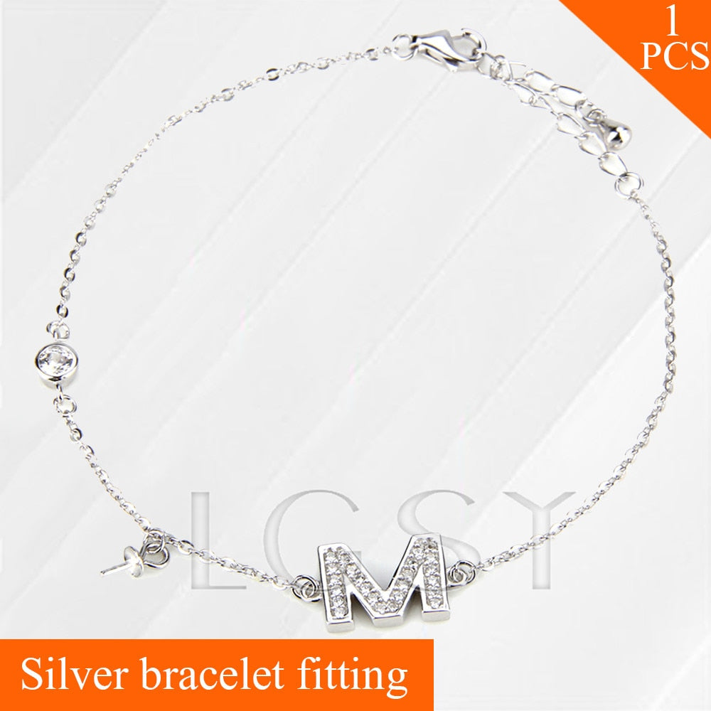 Hand Jewelry lobster clasp charm bracelet fitting, letter M 925 sterling silver bracelet accessory, can stick pearl on