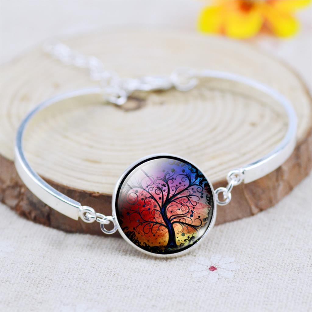 Fashion Summer Style Fine Jewelry Vintage Silver Color Bangles Bracelets Women Newest Glass Cabochon Chain Bangles