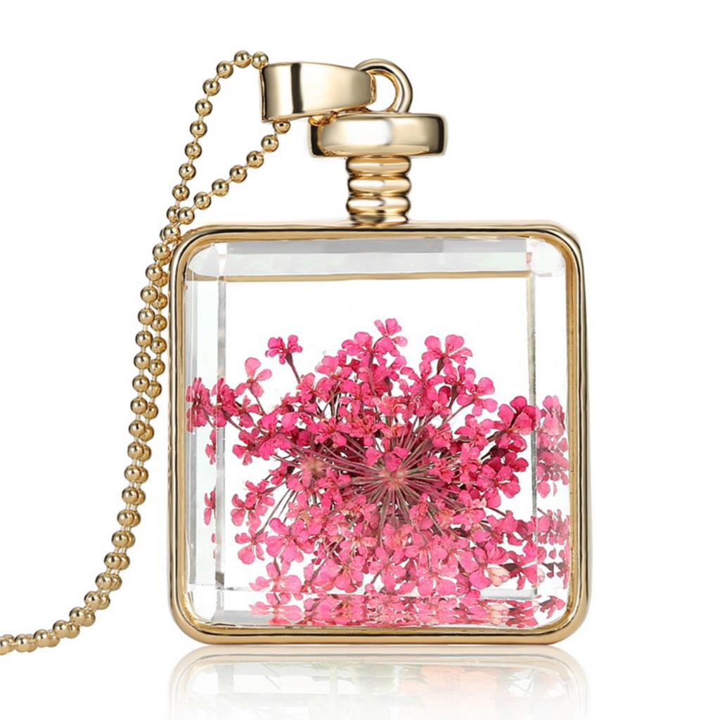 Newest Trendy Collares Dried Flower Crystal Glass Square Pendant Necklace Golden Summer Style Fine Jewelry Women