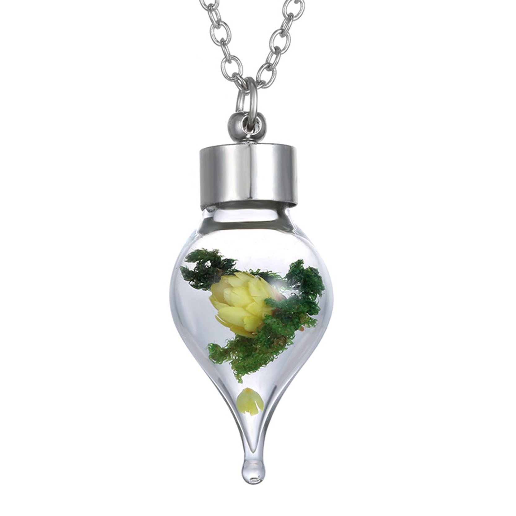 Romantic Water Drop Pendant Dried Flower Vintage Silver Color Jewelry Fashion Glass Statement Necklace Fine Jewelry