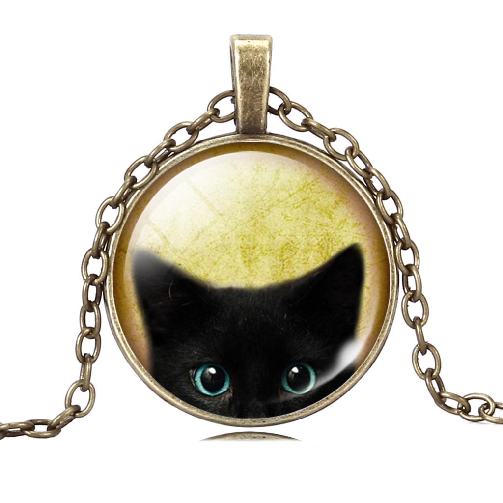 Unique Necklace Glass Cabochon Silver Bronze Chain Necklace Black C Picture Vintage Pendant Necklace For Women