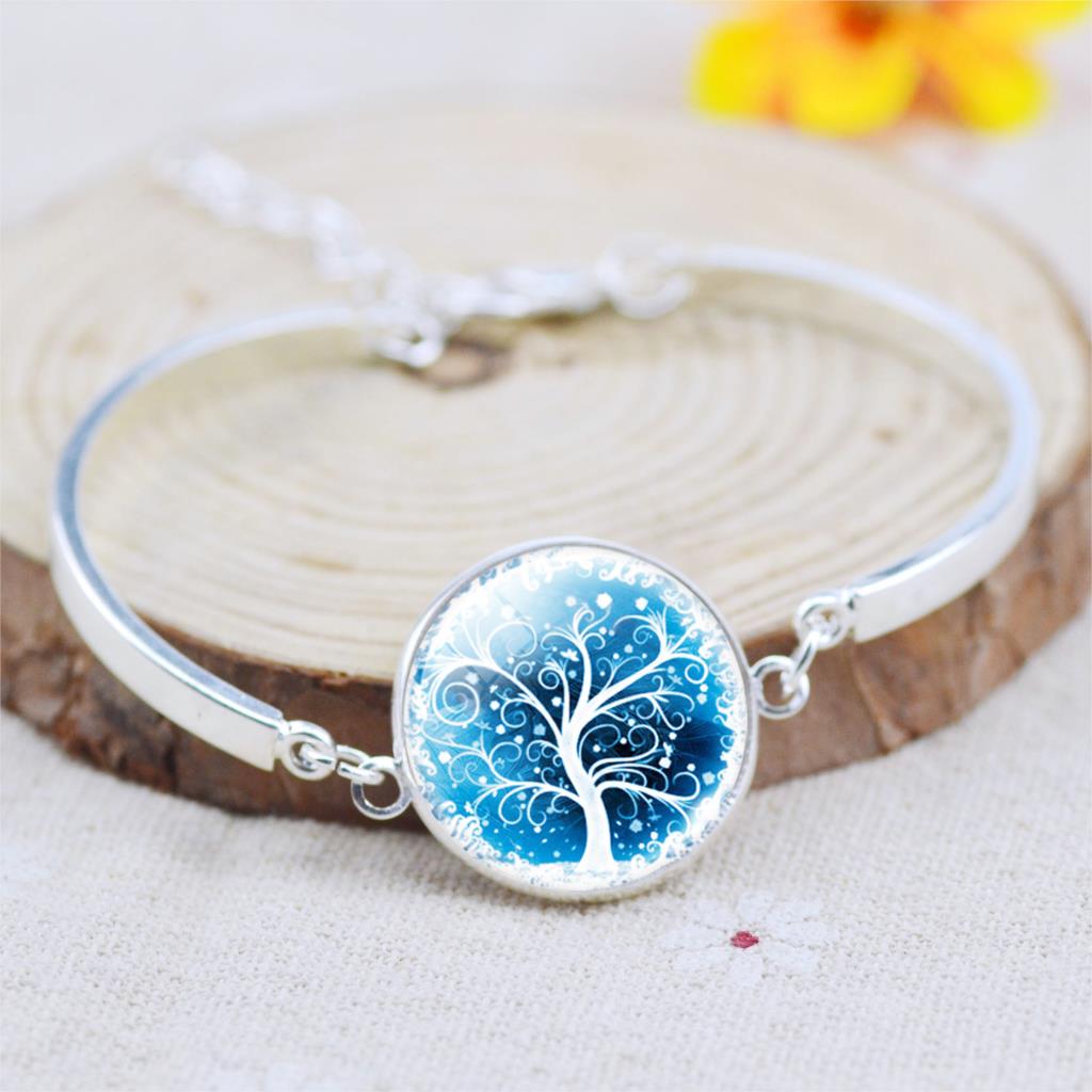 Vintage Silver Color Jewelry Women Fashion Life Tree Bangles Bracelets Newest Glass Cabochon Bracelet Fine Jewelry