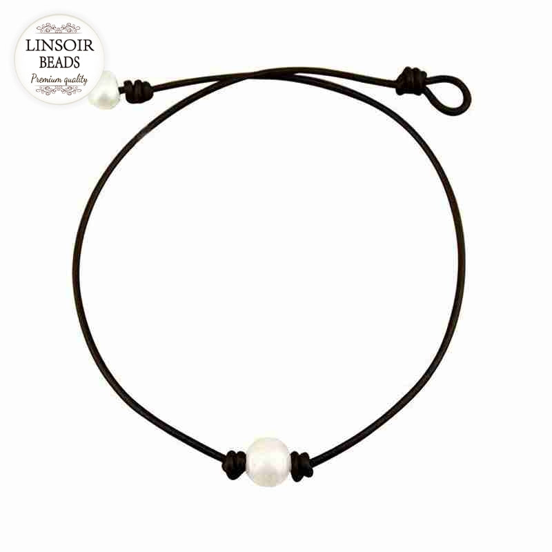 LINSOIR 2020 New Pearl Necklace Handmade For Women Leather Rope Choker Necklace Female Jewelry Gift