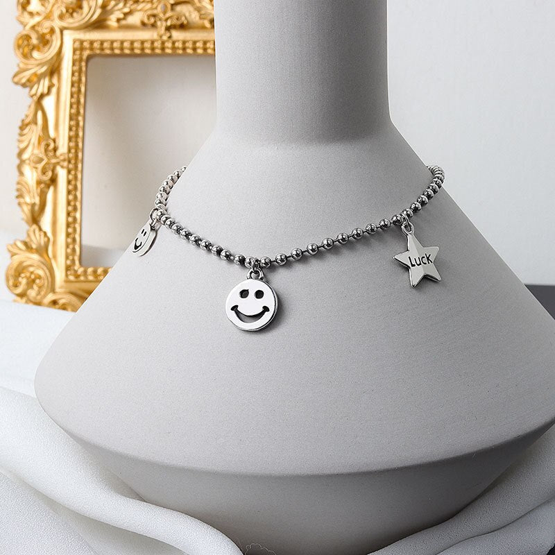 LIVVY  Silver Color  Smiling Face Necklace for Women Luck Star  Party Handmade Jewelry Accessories