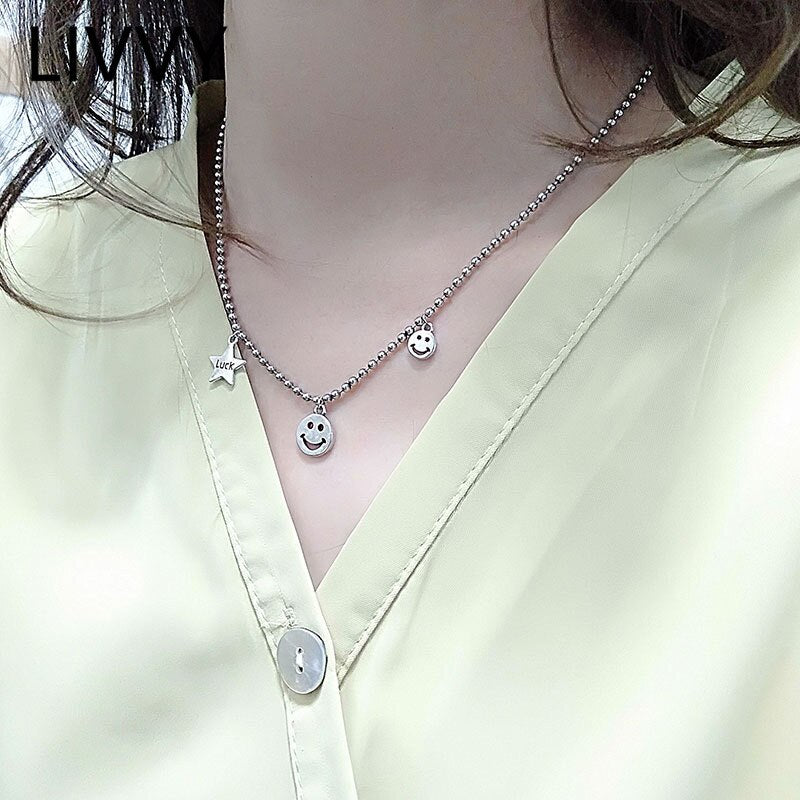 LIVVY  Silver Color  Smiling Face Necklace for Women Luck Star  Party Handmade Jewelry Accessories
