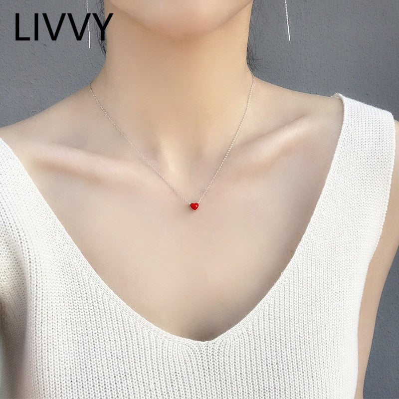 LIVVY Silver Color Korean Cute Red Heart Pendant Necklace Trendy Simple Elegant Party Jewelry for Women
