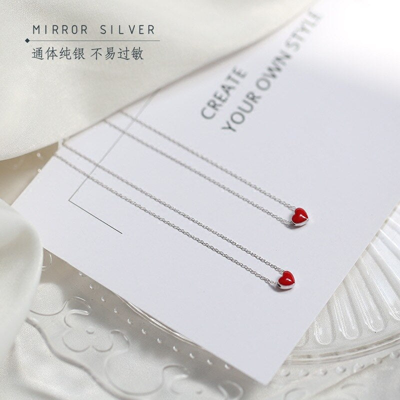 LIVVY Silver Color Korean Cute Red Heart Pendant Necklace Trendy Simple Elegant Party Jewelry for Women