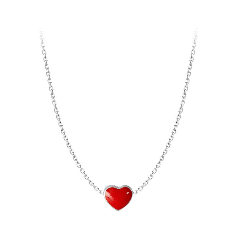 LIVVY Silver Color Korean Cute Red Heart Pendant Necklace Trendy Simple Elegant Party Jewelry for Women