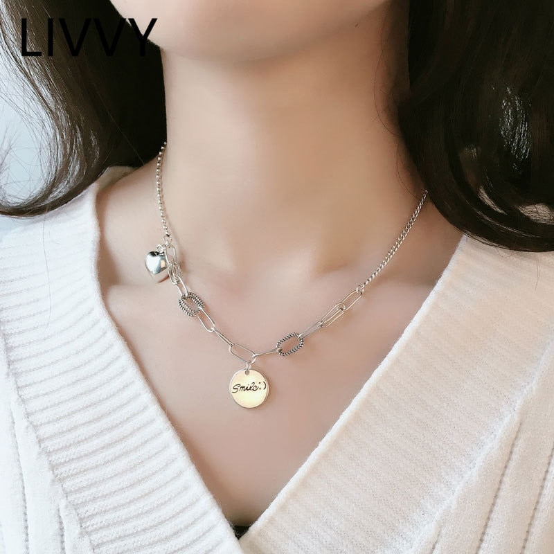 LIVVY Silver Color  Love Heart Round Disc Smile Letter Necklace For Women    Party Gifts Accessories