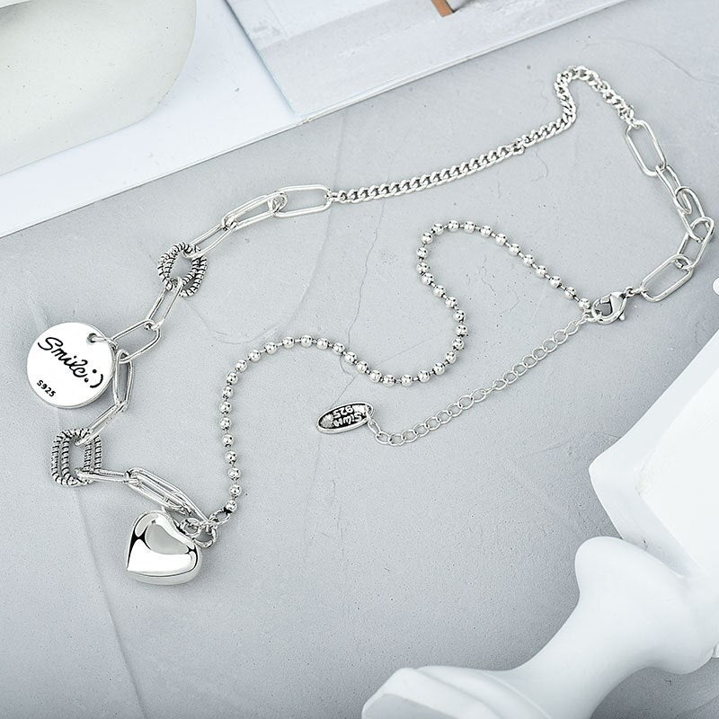 LIVVY Silver Color  Love Heart Round Disc Smile Letter Necklace For Women    Party Gifts Accessories