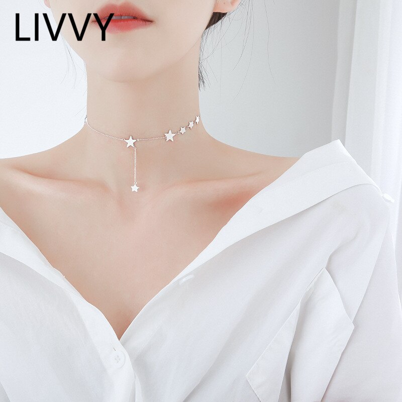LIVVY Silver Color Romantic Multi Star Necklace Dainty Short Chain For Women Girls Birthday Party Jewelry Gifts