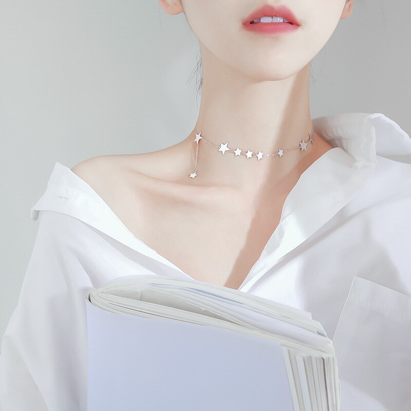 LIVVY Silver Color Romantic Multi Star Necklace Dainty Short Chain For Women Girls Birthday Party Jewelry Gifts