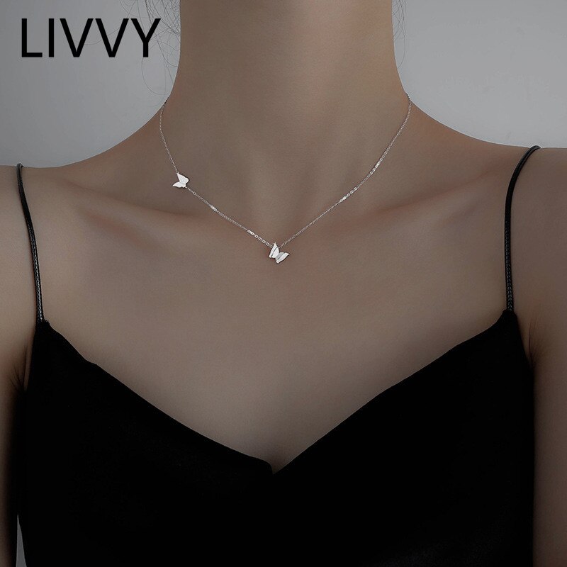 LIVVY Silver Color Trendy Cute Butterfly Necklace for Women Exquisite Elegant Temperament Wedding Party Jewelry