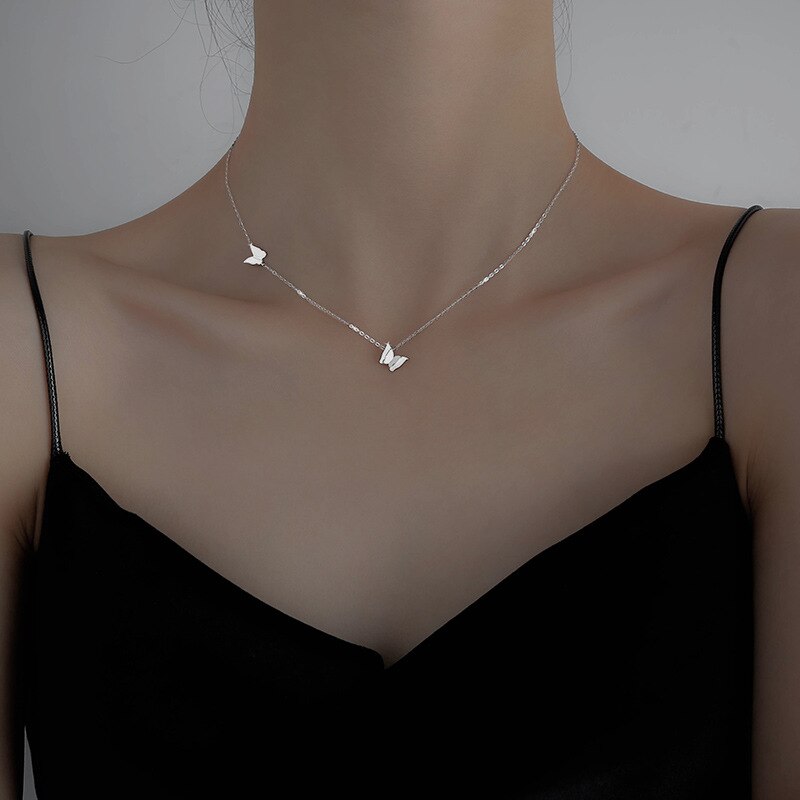LIVVY Silver Color Trendy Cute Butterfly Necklace for Women Exquisite Elegant Temperament Wedding Party Jewelry