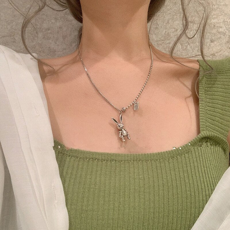 LIVVY Thai Silver Color Cute Rabbit Pendant Necklace for Women Couple  Animal Sweater Chain Party Jewelry
