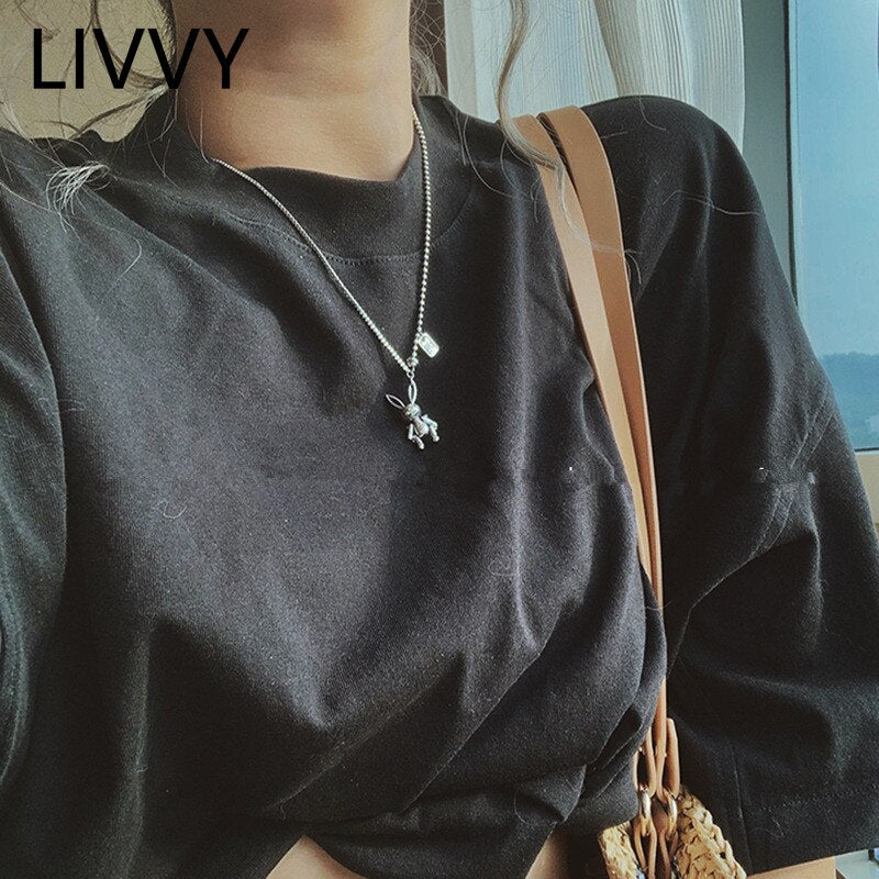 LIVVY Thai Silver Color Cute Rabbit Pendant Necklace for Women Couple  Animal Sweater Chain Party Jewelry