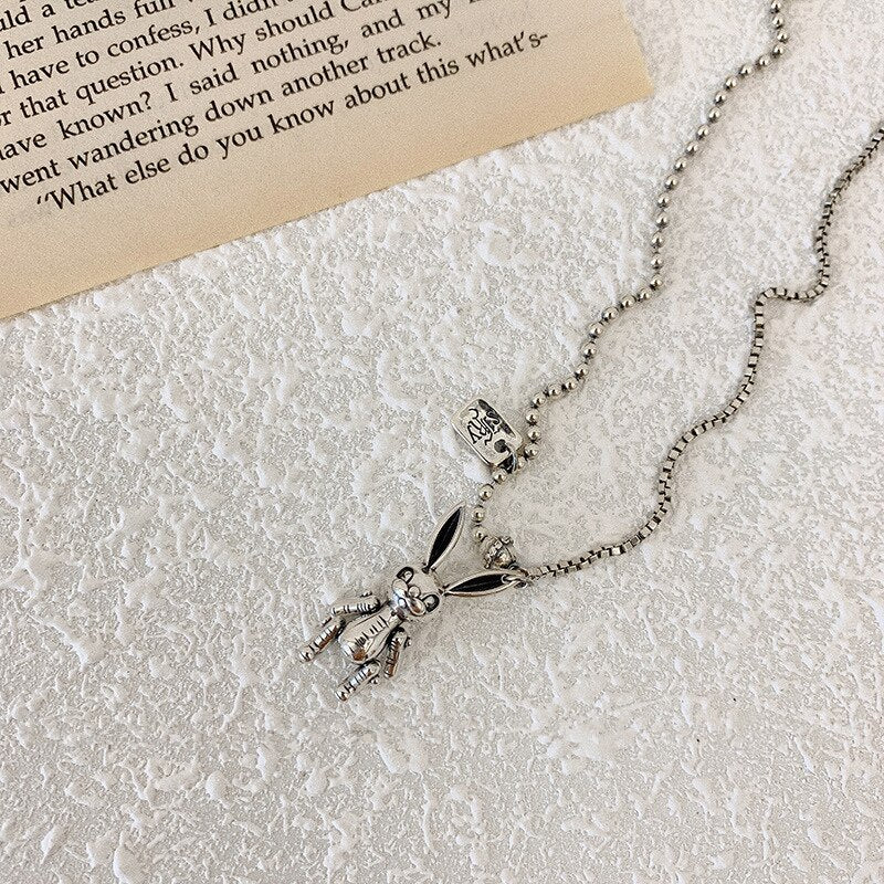 LIVVY Thai Silver Color Cute Rabbit Pendant Necklace for Women Couple  Animal Sweater Chain Party Jewelry