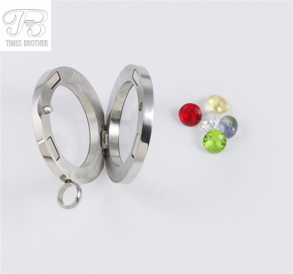 LK4003 30mm moda al por menor de acero inoxidable brillante pulido amuletos memoria medallón Colgante con cadena libre de diamantes de imitación tono plateado