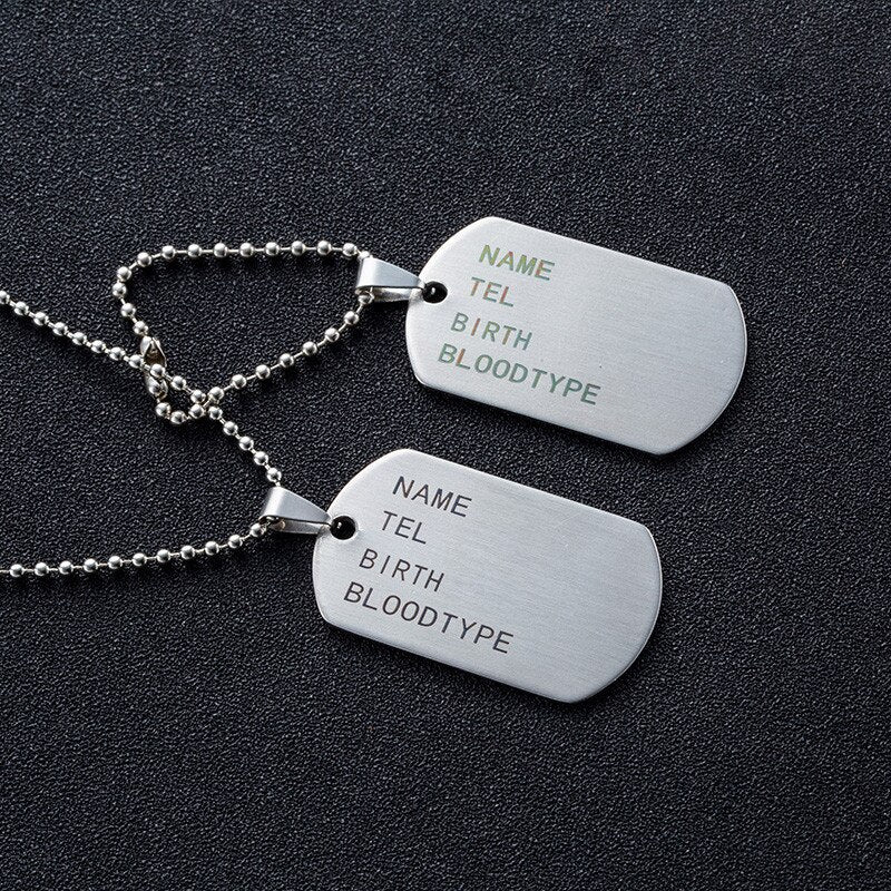 LLavero de acero inoxidable con grabado táctico militar para hombre, etiquetas de identificación, tarjetas, colgante, collar y colgantes