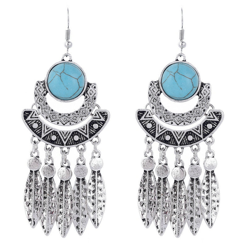 Fashion Bohemian Drop Long Tassel Earrings For Women Blue Stone Boho Jewelry Antique Silver Vintage Earrings bijoux