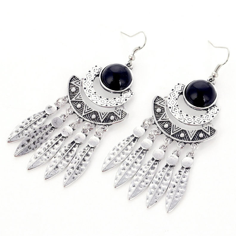 Fashion Bohemian Drop Long Tassel Earrings For Women Blue Stone Boho Jewelry Antique Silver Vintage Earrings bijoux