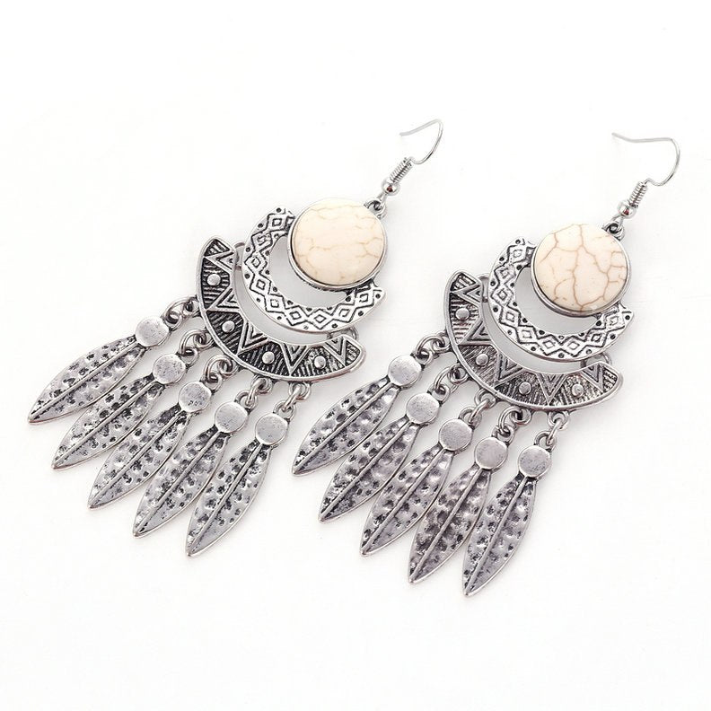 Fashion Bohemian Drop Long Tassel Earrings For Women Blue Stone Boho Jewelry Antique Silver Vintage Earrings bijoux