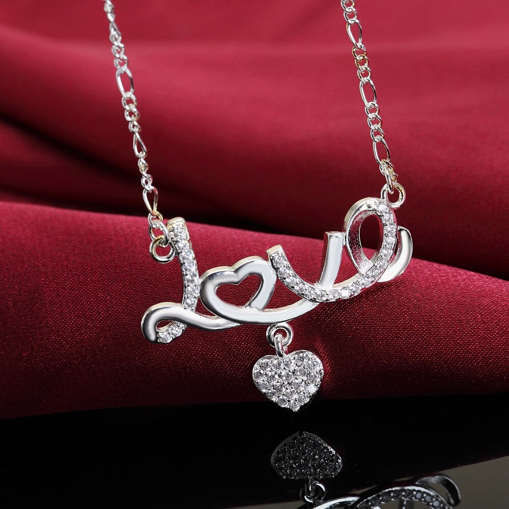 LOVE Heart Crystal Pendants Silver Color Necklace For Women  Designer Jewelry Chains  Items GaaBou