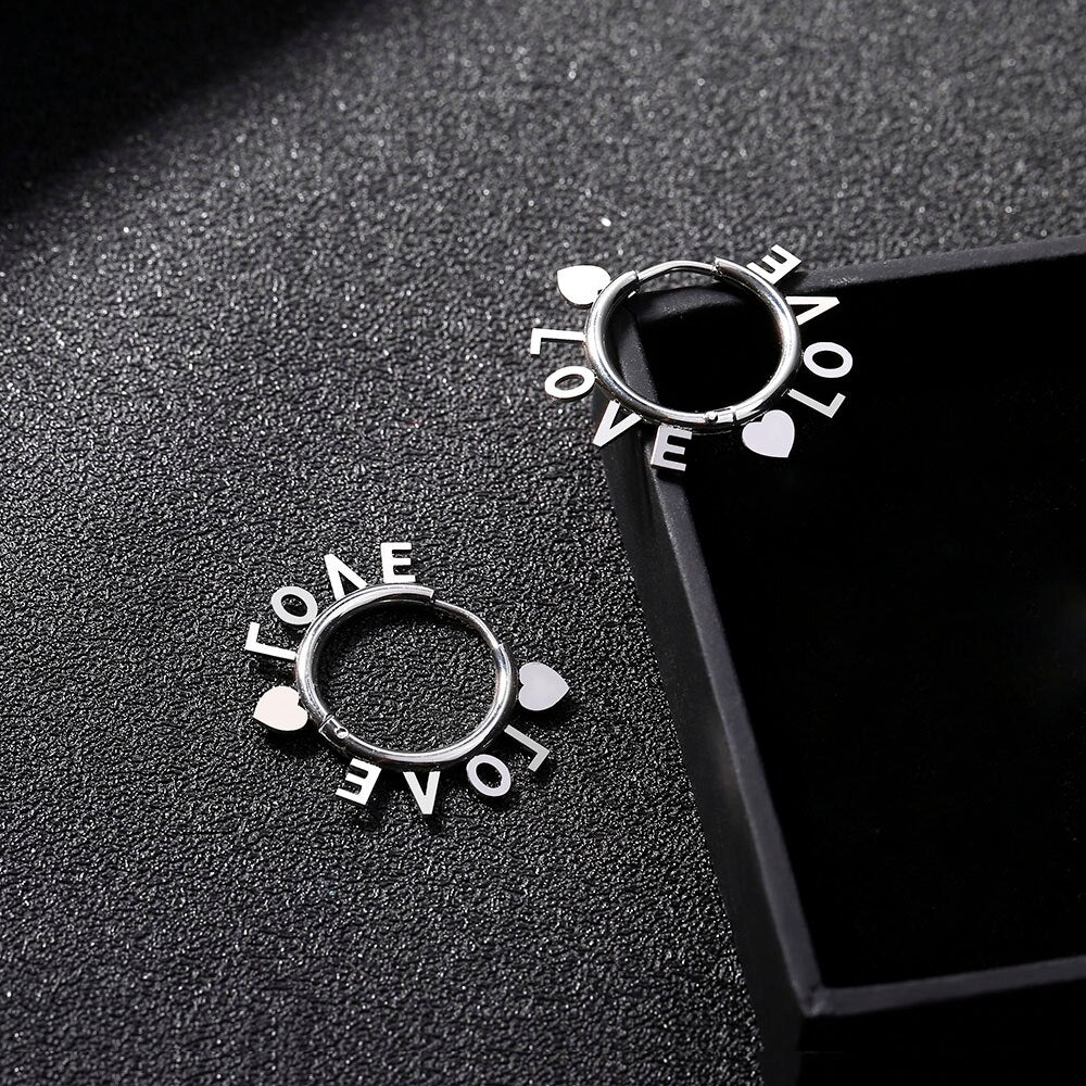 LOVE Letters With Two Heart Around Hoop Earring Gold Silver Color Stainless Steel Earrings For Woman Lover Romantic Jewelry Gift