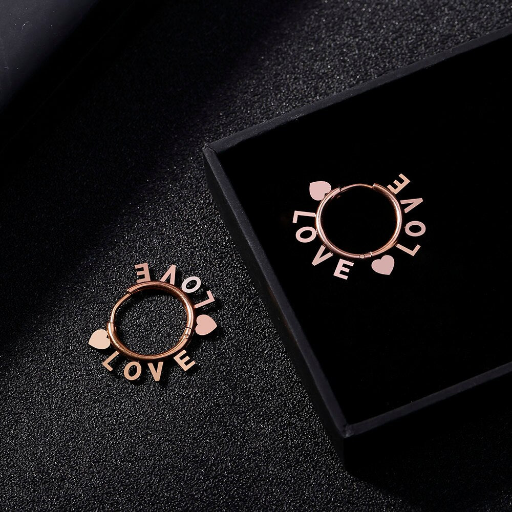 LOVE Letters With Two Heart Around Hoop Earring Gold Silver Color Stainless Steel Earrings For Woman Lover Romantic Jewelry Gift
