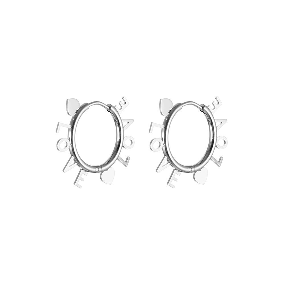 LOVE Letters With Two Heart Around Hoop Earring Gold Silver Color Stainless Steel Earrings For Woman Lover Romantic Jewelry Gift