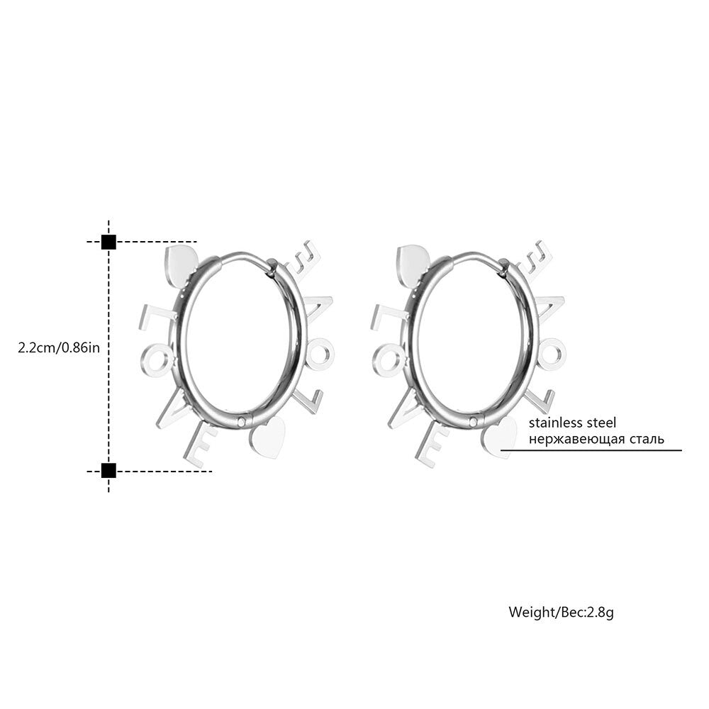 LOVE Letters With Two Heart Around Hoop Earring Gold Silver Color Stainless Steel Earrings For Woman Lover Romantic Jewelry Gift