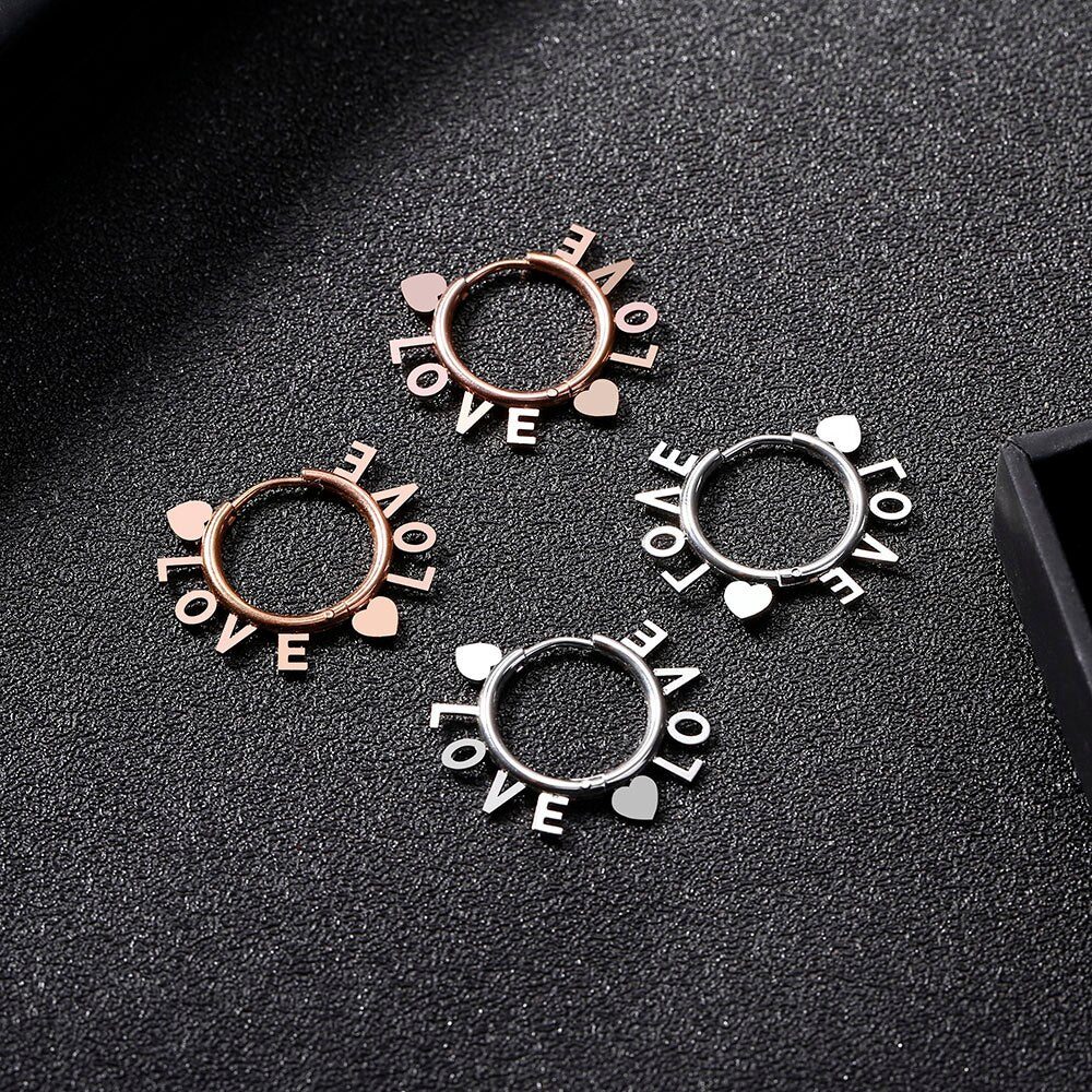 LOVE Letters With Two Heart Around Hoop Earring Gold Silver Color Stainless Steel Earrings For Woman Lover Romantic Jewelry Gift