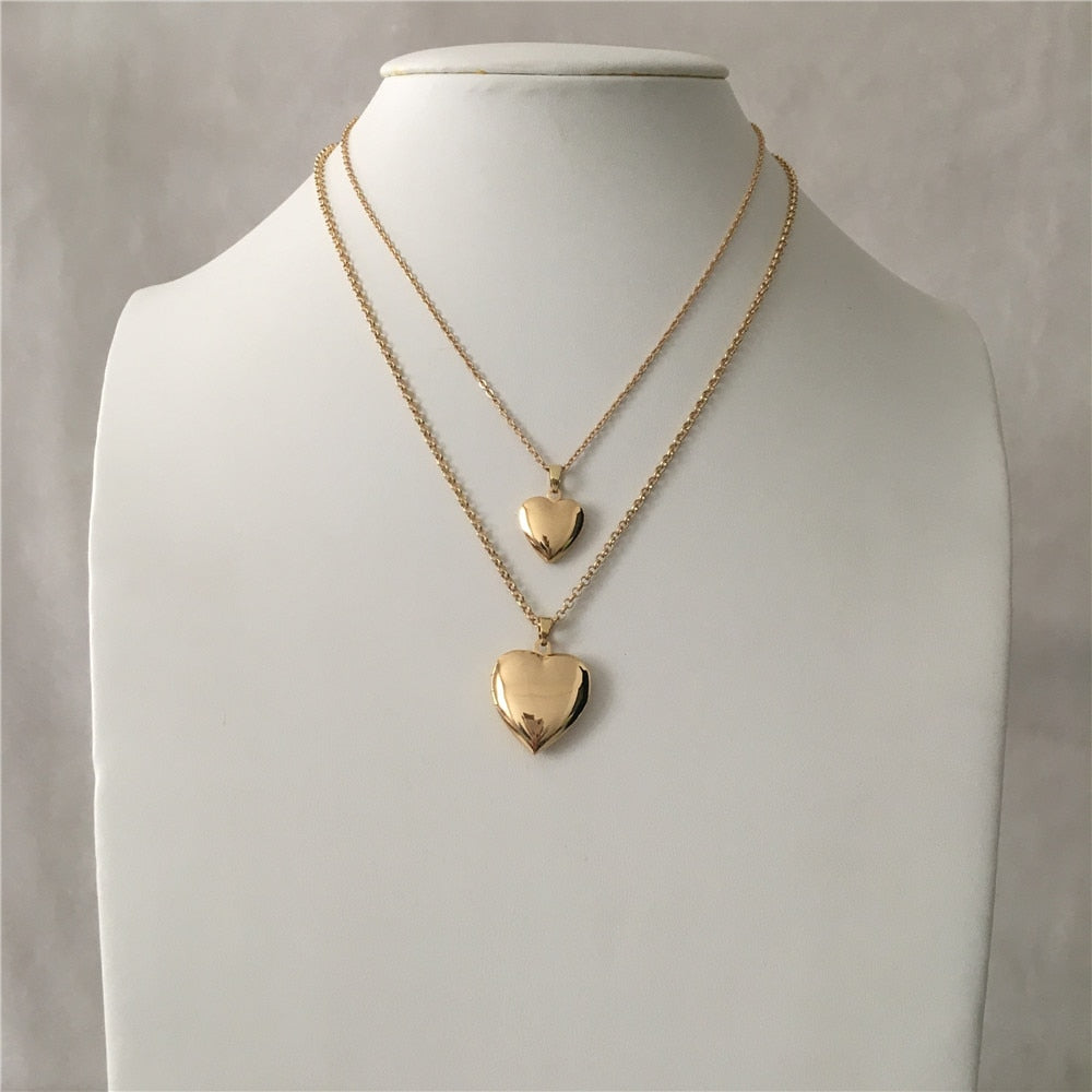 LOVELY-GOLD-COLOR-TWO-HEART-LOCKET-PENDANT-LAYERED-NECKLACE