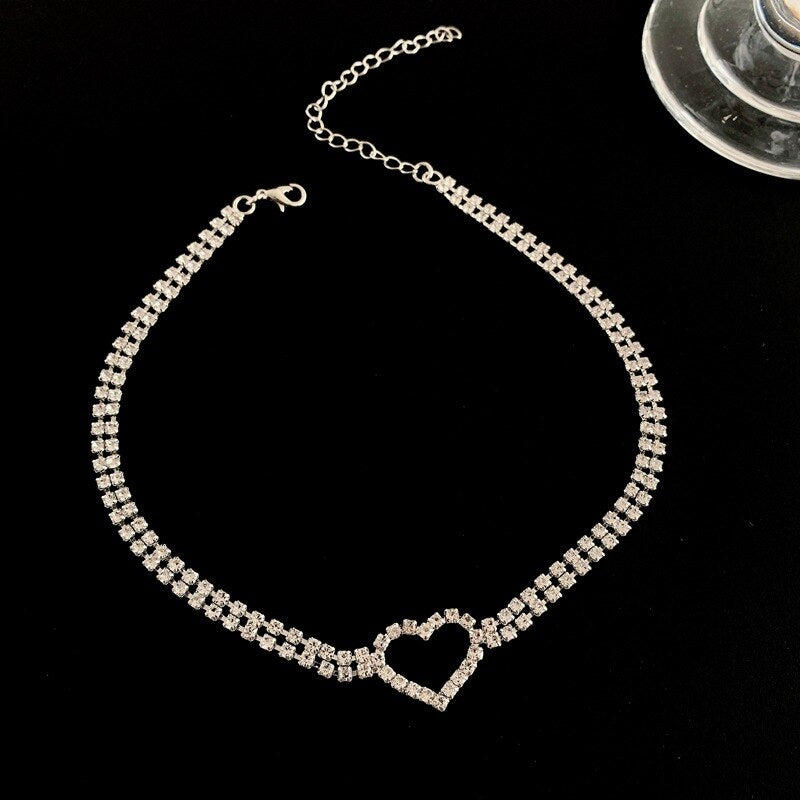 LOVOACC Korea Sweet Bling Rhinestone Chokers Necklaces for Women Hollow Love Heart Pendant Necklace Minimalist Party Accessories