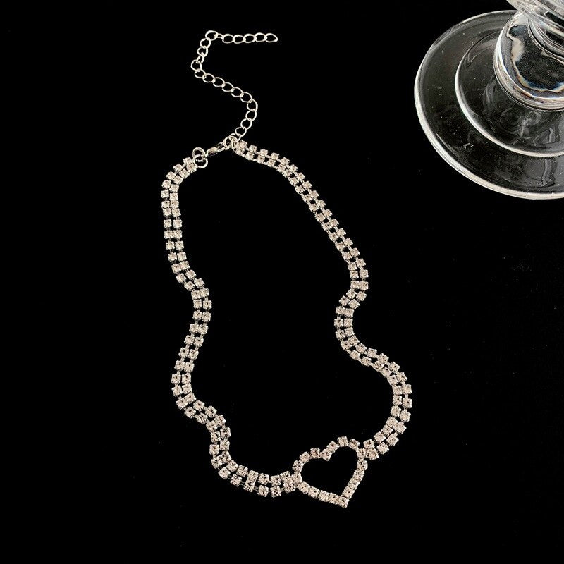 LOVOACC Korea Sweet Bling Rhinestone Chokers Necklaces for Women Hollow Love Heart Pendant Necklace Minimalist Party Accessories