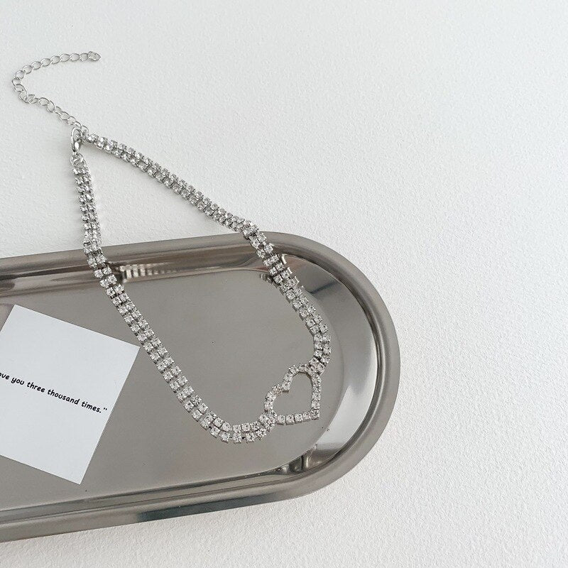 LOVOACC Korea Sweet Bling Rhinestone Chokers Necklaces for Women Hollow Love Heart Pendant Necklace Minimalist Party Accessories