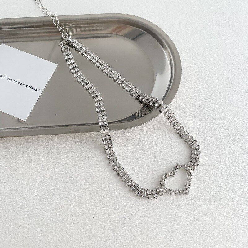 LOVOACC Korea Sweet Bling Rhinestone Chokers Necklaces for Women Hollow Love Heart Pendant Necklace Minimalist Party Accessories