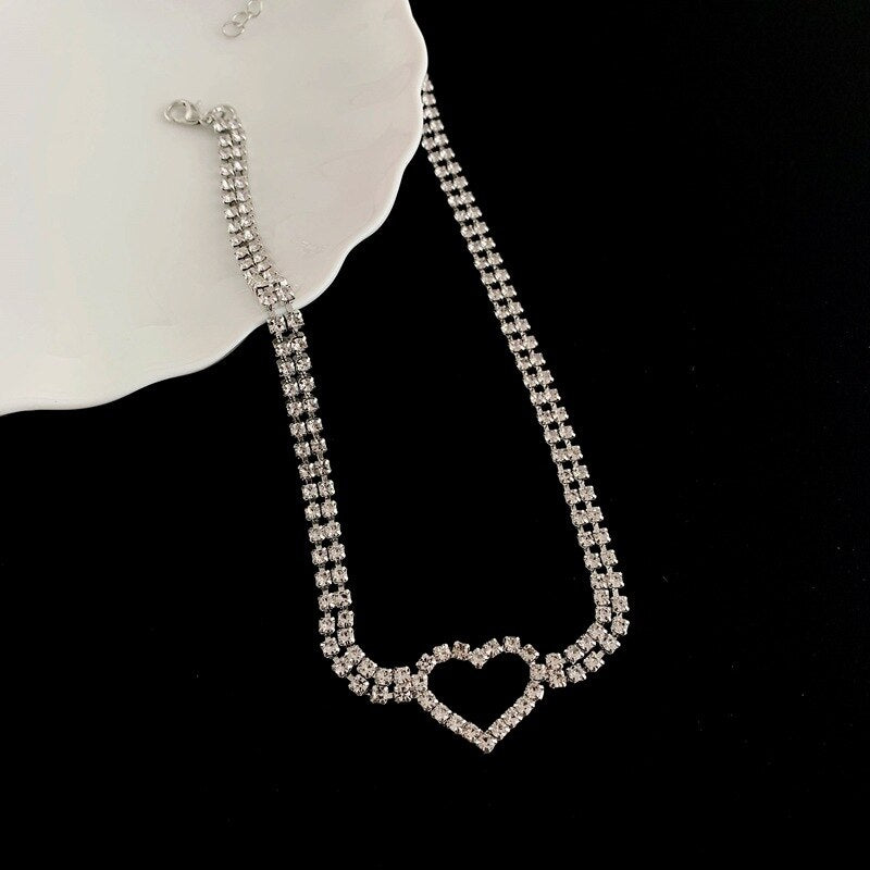 LOVOACC Korea Sweet Bling Rhinestone Chokers Necklaces for Women Hollow Love Heart Pendant Necklace Minimalist Party Accessories