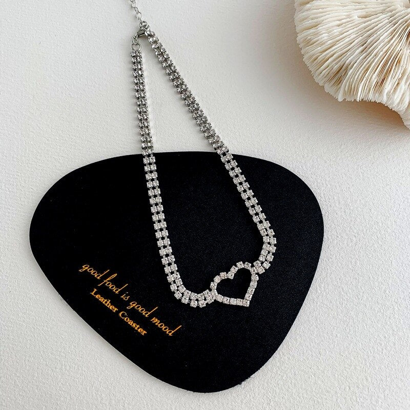 LOVOACC Korea Sweet Bling Rhinestone Chokers Necklaces for Women Hollow Love Heart Pendant Necklace Minimalist Party Accessories