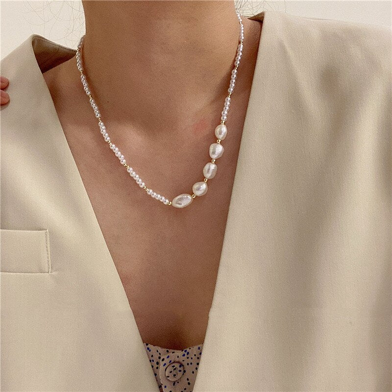 LOVOACC Vintage Irregular Baroque Pearl Necklace for Women Lady Small Golden Beaded Chain Chokers Necklaces Dainty Accessories