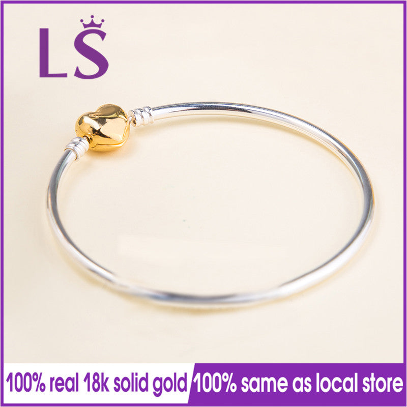 LS 2020 New Arrivals Real 100% Gold Moments Silver Bangle, Shine Logo Heart Bangle Fit Original Beads Charm Women Fine Jewelry